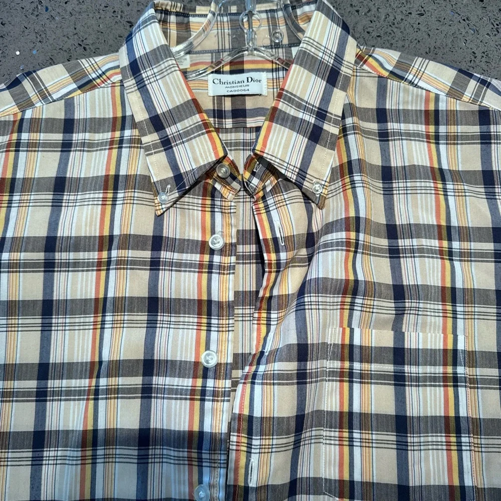 Vintage  Cristian Dior Checkered Shirt in Navy and Yellow - Picture 2 of 7